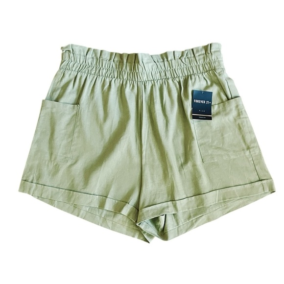 NWT Forever 21 Plus linen blend paper bag shorts 3” inseam SZ 0X olive green - Picture 1 of 10